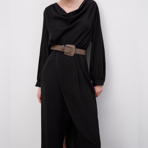 Zara Dresses & Skirts - Black Belted Long Sleeve Grunge Midi Dress